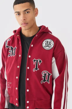 Boxy Applique Tape Detail Jersey Varsity Jacket | BoohooMAN UK