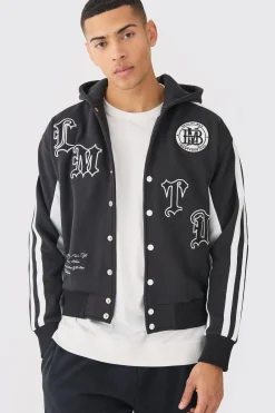 Boxy Applique Tape Detail Jersey Varisty Jacket | BoohooMAN UK