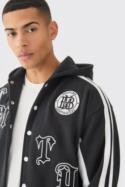Boxy Applique Tape Detail Jersey Varisty Jacket | BoohooMAN UK
