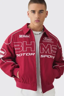 Boxy Badge Twill Moto Jacket In Burgundy | BoohooMAN UK