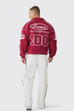 Boxy Badge Twill Moto Jacket In Burgundy | BoohooMAN UK
