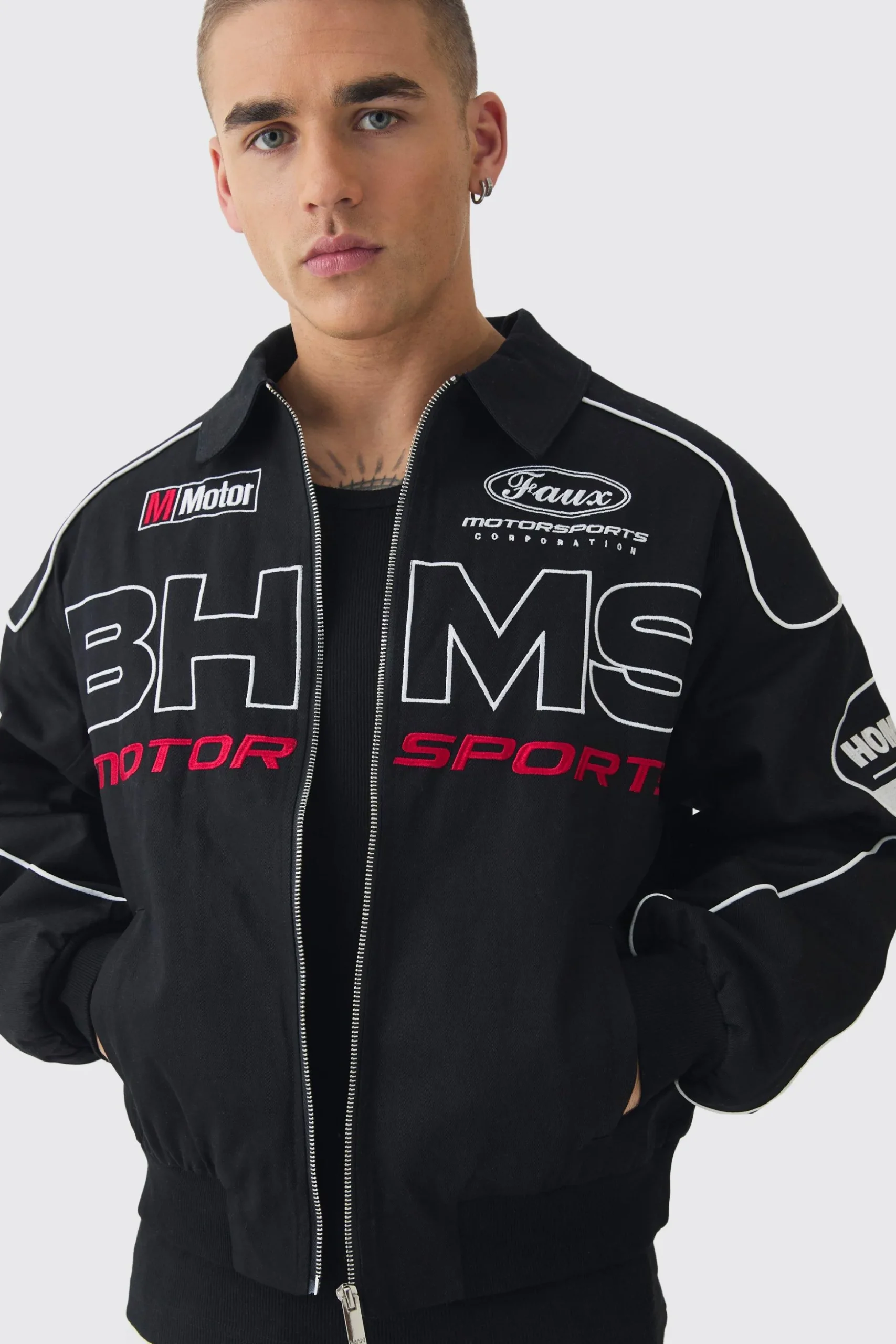 Boxy Badge Twill Moto Jacket In Black | BoohooMAN UK
