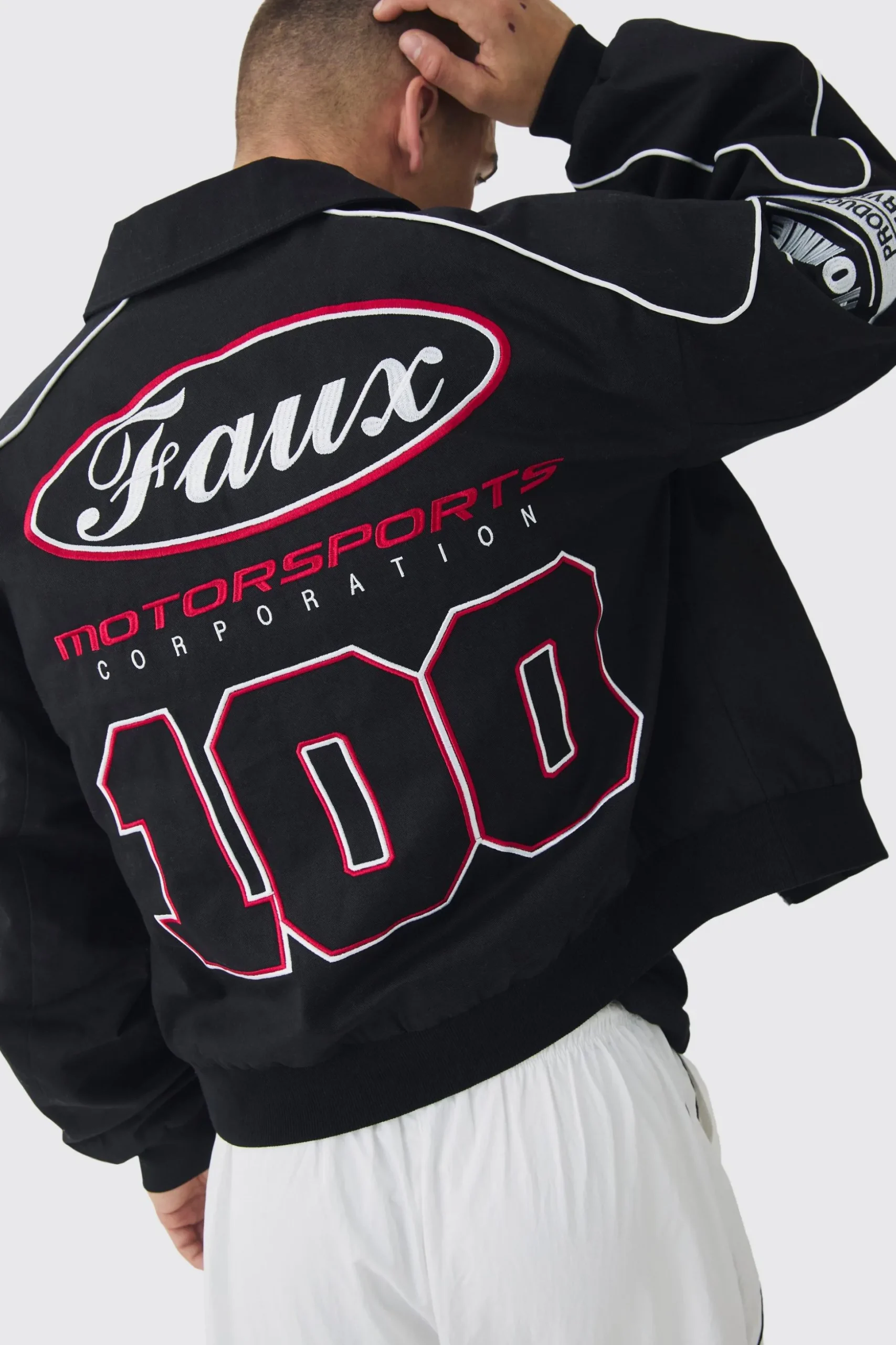 Boxy Badge Twill Moto Jacket In Black | BoohooMAN UK