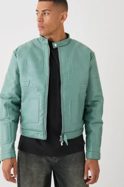 Boxy BHM Tonal Pu Moto Jacket In Sage | BoohooMAN UK