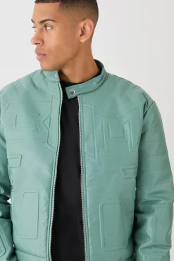 Boxy BHM Tonal Pu Moto Jacket In Sage | BoohooMAN UK