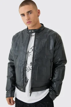 Boxy BHM Tonal Pu Moto Jacket In Black | BoohooMAN UK