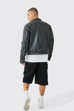 Boxy BHM Tonal Pu Moto Jacket In Black | BoohooMAN UK