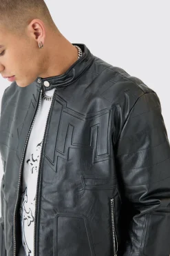 Boxy BHM Tonal Pu Moto Jacket In Black | BoohooMAN UK
