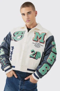 Boxy BM Badge Collared Varsity Jacket In Ecru | BoohooMAN UK