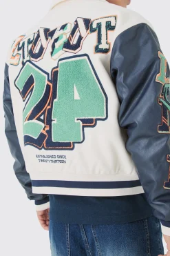Boxy BM Badge Collared Varsity Jacket In Ecru | BoohooMAN UK