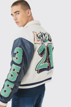 Boxy BM Badge Collared Varsity Jacket In Ecru | BoohooMAN UK