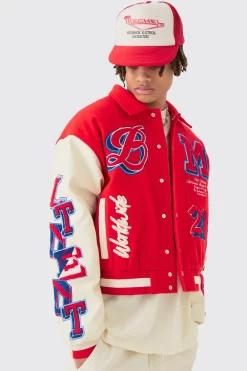 Boxy Bm Badge Collared Varsity Jacket In Red | BoohooMAN UK