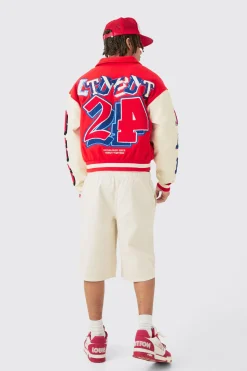 Boxy Bm Badge Collared Varsity Jacket In Red | BoohooMAN UK