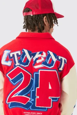 Boxy Bm Badge Collared Varsity Jacket In Red | BoohooMAN UK