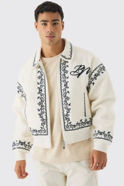 Boxy Bm Embroidered Collared Bomber Jacket In Ecru | BoohooMAN UK