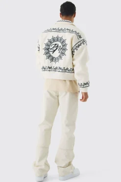 Boxy Bm Embroidered Collared Bomber Jacket In Ecru | BoohooMAN UK