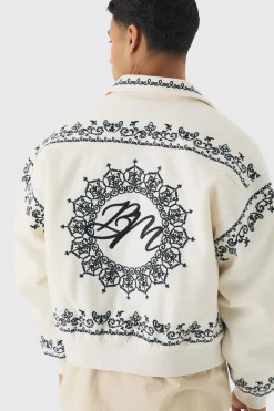 Boxy Bm Embroidered Collared Bomber Jacket In Ecru | BoohooMAN UK