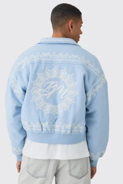 Boxy Bm Embroidered Collared Bomber Jacket In Blue | BoohooMAN UK