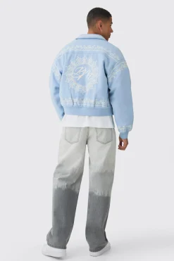 Boxy Bm Embroidered Collared Bomber Jacket In Blue | BoohooMAN UK