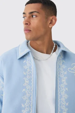 Boxy Bm Embroidered Collared Bomber Jacket In Blue | BoohooMAN UK