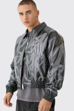 Boxy Bm Printed Collared Bomber Jacket In Black | BoohooMAN UK