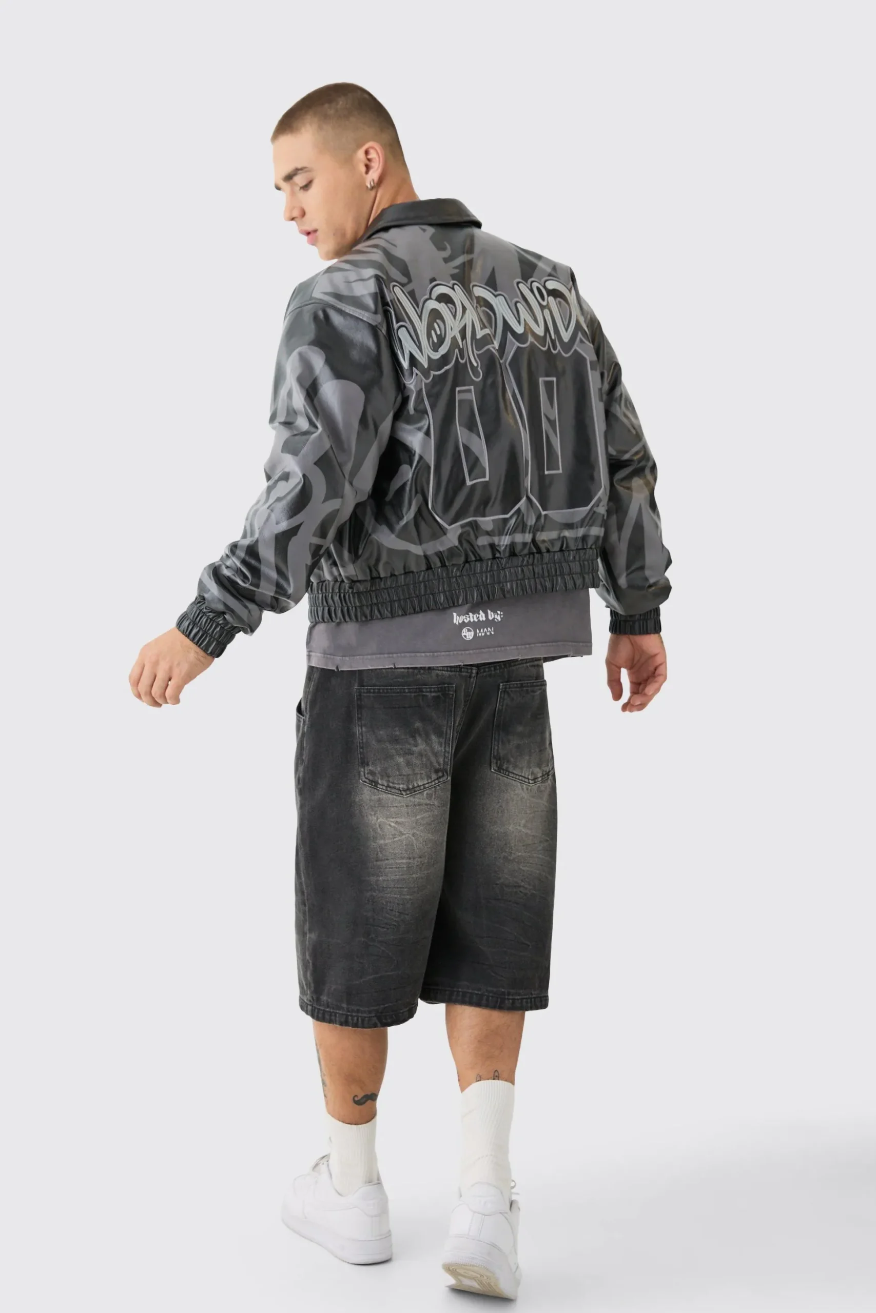 Boxy Bm Printed Collared Bomber Jacket In Black | BoohooMAN UK