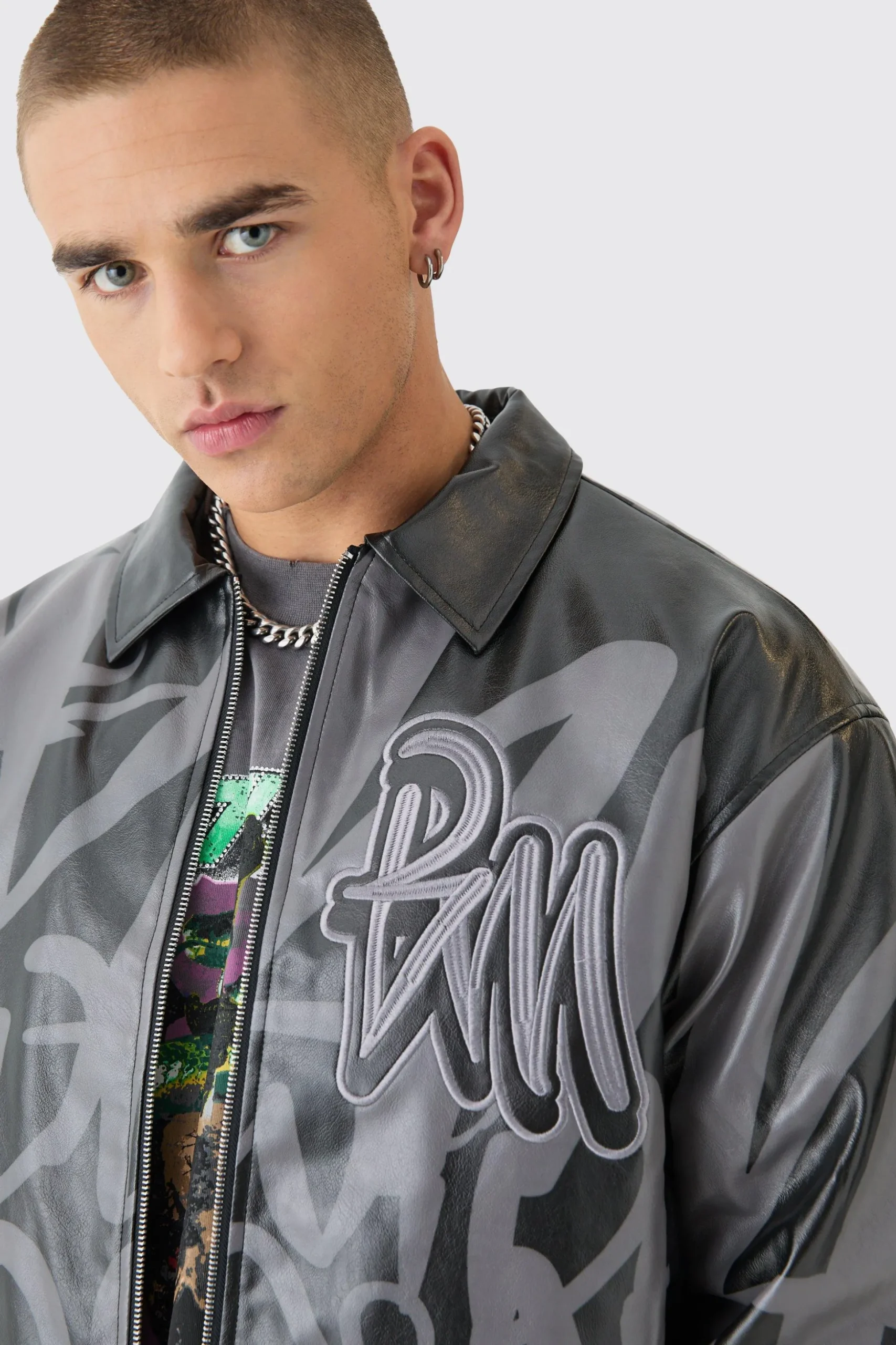 Boxy Bm Printed Collared Bomber Jacket In Black | BoohooMAN UK