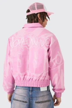 Boxy Bm Printed Collared Bomber Jacket In Pink | BoohooMAN UK