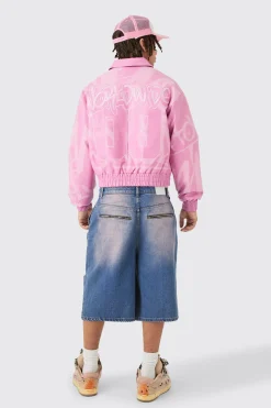 Boxy Bm Printed Collared Bomber Jacket In Pink | BoohooMAN UK