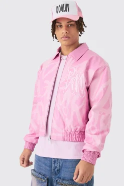 Boxy Bm Printed Collared Bomber Jacket In Pink | BoohooMAN UK