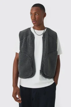 Boxy Borg Pocket Detail Gilet In Slate | BoohooMAN UK