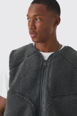 Boxy Borg Pocket Detail Gilet In Slate | BoohooMAN UK