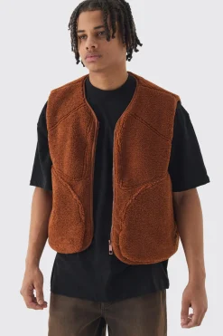 Boxy Borg Pocket Detail Gilet In Tan | BoohooMAN UK