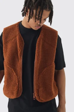 Boxy Borg Pocket Detail Gilet In Tan | BoohooMAN UK