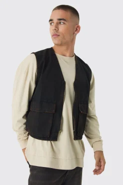 Boxy Brown Tinted Denim Utility Vest | BoohooMAN UK