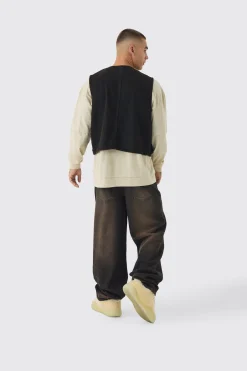 Boxy Brown Tinted Denim Utility Vest | BoohooMAN UK