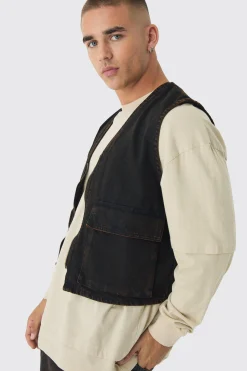 Boxy Brown Tinted Denim Utility Vest | BoohooMAN UK