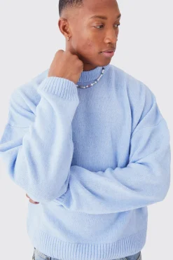 Boxy Brushed Extended Neck Knitted Jumper | BoohooMAN UK