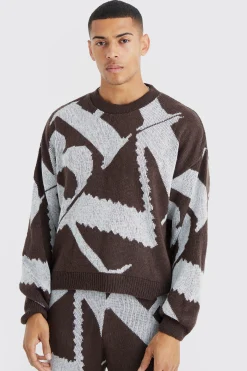 Boxy Brushed Jacquard Knitted Jumper | BoohooMAN UK