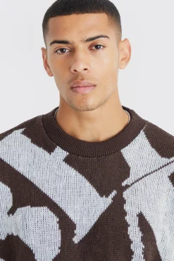 Boxy Brushed Jacquard Knitted Jumper | BoohooMAN UK