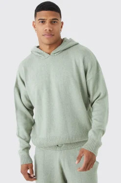 Boxy Brushed Knitted Hoodie | BoohooMAN UK