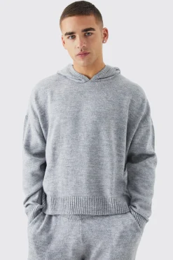 Boxy Brushed Knitted Hoodie | BoohooMAN UK