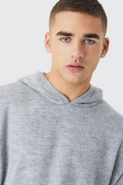 Boxy Brushed Knitted Hoodie | BoohooMAN UK