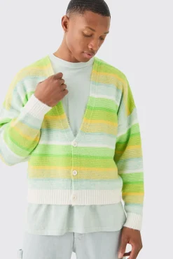 Boxy Brushed Striped Cardigan In Green | BoohooMAN UK