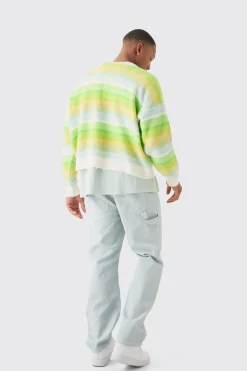 Boxy Brushed Striped Cardigan In Green | BoohooMAN UK