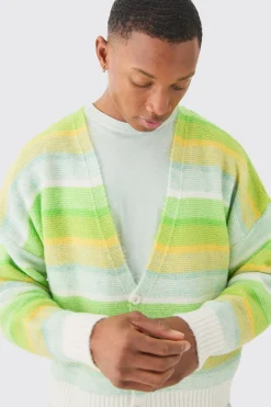 Boxy Brushed Striped Cardigan In Green | BoohooMAN UK