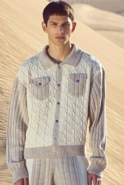 Boxy Cable Knitted Harrington Jacket | BoohooMAN UK
