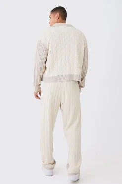 Boxy Cable Knitted Harrington Jacket | BoohooMAN UK