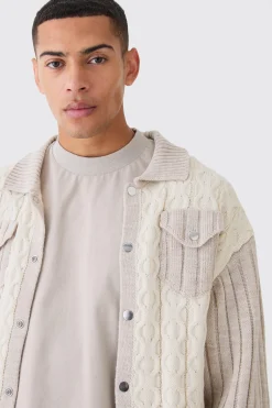 Boxy Cable Knitted Harrington Jacket | BoohooMAN UK