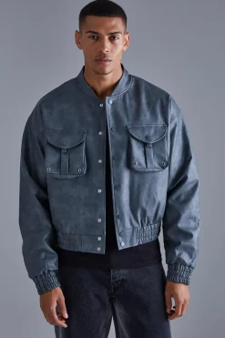 Boxy Cargo Pocket Washed Pu Bomber | BoohooMAN UK
